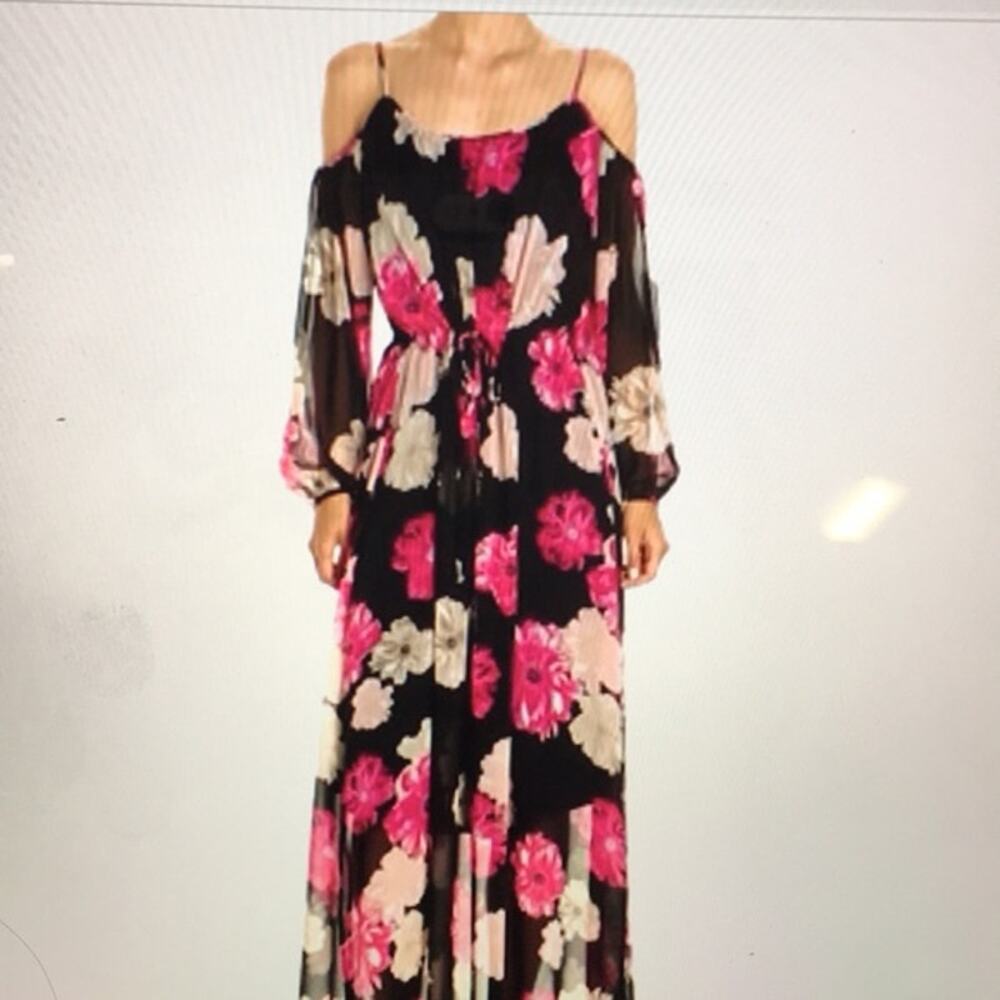 Calvin Klein Floral Maxi Dress XS Long Sleeves Cold‎ Shoulder Chiffon Black Pink